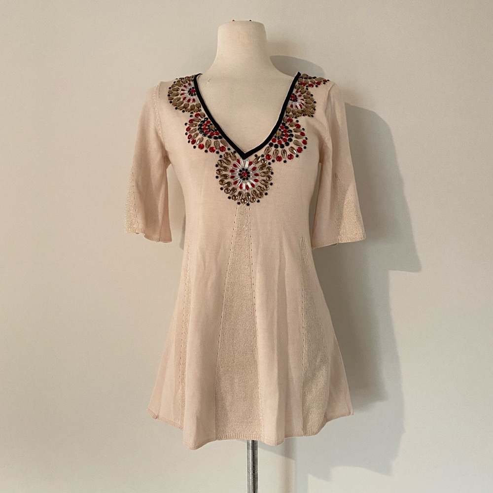❗️FINAL PRICE CLOSET CLOSIN Nanette Lepore Bejeweled Cream Knit Tunic